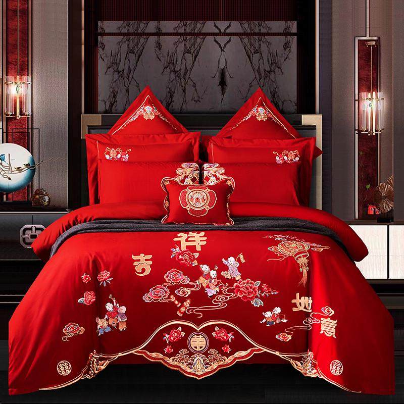新中式天婚庆四件套丝棉龙凤刺绣结婚四件套大红色中国婚庆床单