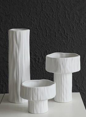 北欧白色陶瓷高脚花盆艺术插花器现代客厅家居装饰品直筒花瓶摆件