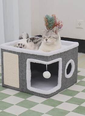 宠物双层猫窝别墅可收纳折叠剑麻猫别墅大号场景猫大房子跨境新品