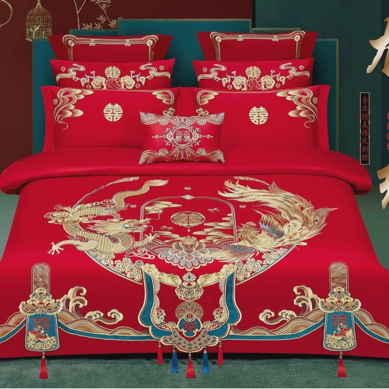 婚庆200支提花重工长绒棉全棉大红龙凤四件套陪嫁结婚重工刺绣多