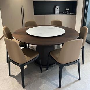 极简实木餐桌椅组合家用小户型旋转圆形桌带转盘岩板吃饭桌子 意式
