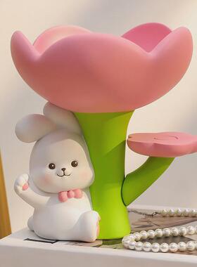 创意轻奢荷叶兔树脂工艺摆饰钥匙玄关收纳放水果家居乔迁装饰摆饰