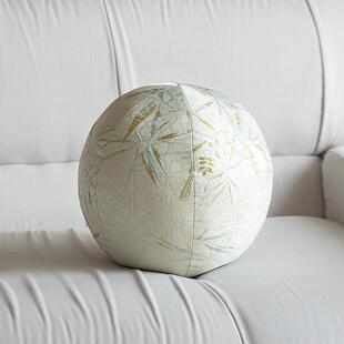 新中式客厅圆形沙发抱枕氛围感绿色竹子靠垫圆球轻奢高级感靠背垫