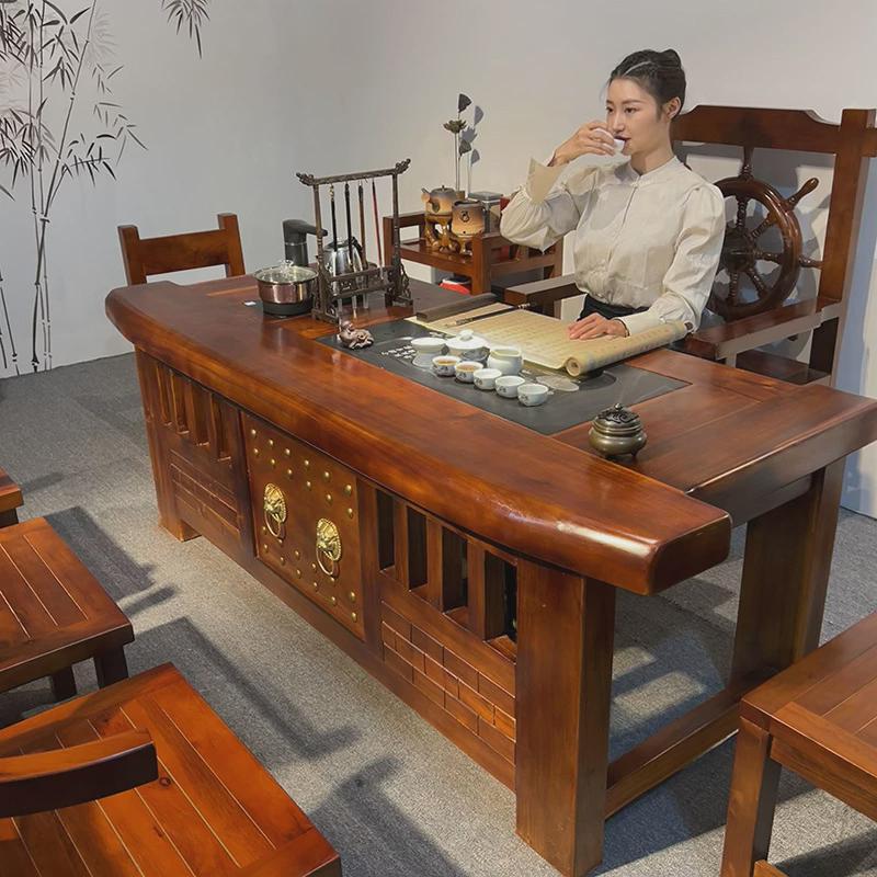 老船木办公室茶桌椅组合中式一体功夫茶几实木复古客厅整装泡茶台