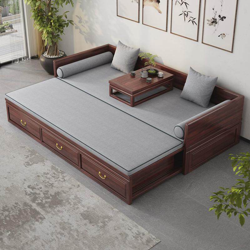 新中式罗汉床实木乌金木推拉床客厅贵妃榻伸缩储物带抽屉箱沙发床