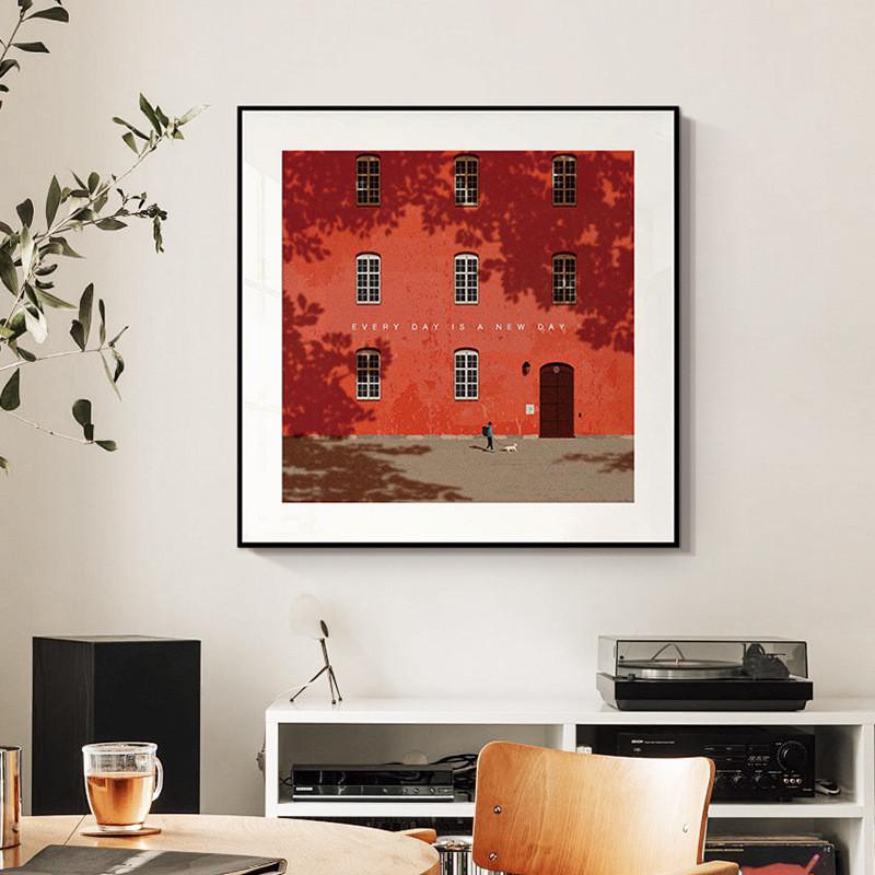 Every day is a new day极简装饰画红色建筑小众艺术客厅卧室挂画图片