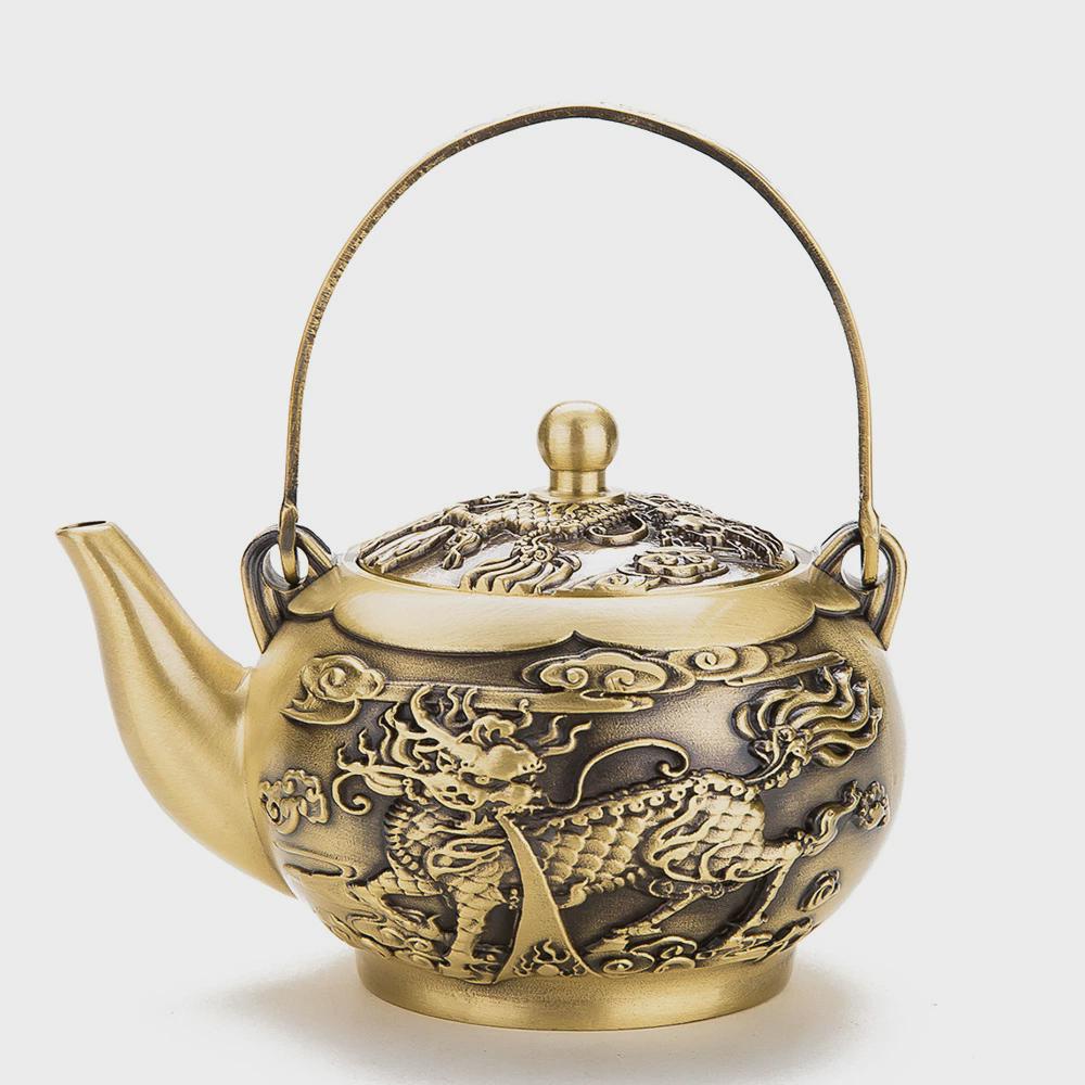 黄铜复古中式麒麟手提壶摆件泡茶壶家用客厅创意装饰金属工艺品