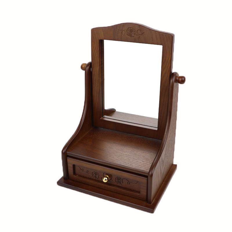木质桌面化妆镜大号台式收纳盒一体复古梳妆镜家用仿古风折叠镜子