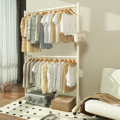 热销卧室落地挂衣架奶油风小型双层移动不占空间可衣帽架房间床边