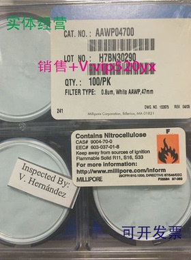 现货供应Millipore密理博混合纤维素滤膜AAWP0470047mm0.8um全新