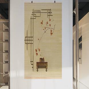 新中式挂式禅意玄关装饰竹帘挂画卷轴茶室客厅背景办公室隔断