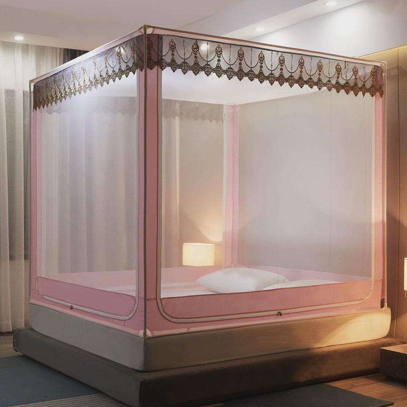 直播爆款三开门坐床蚊帐带支架1米5床需安装家用卧室底回防摔帐子