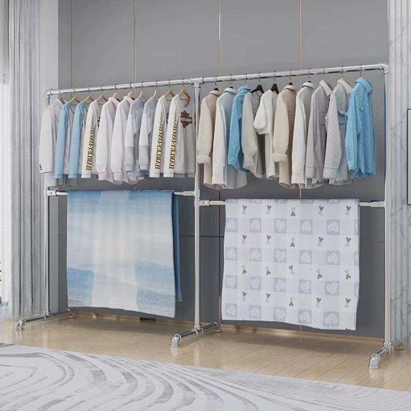 双层衣架加厚镀锌管晾衣架落地立式室内凉衣杆单杆两层挂衣架上下