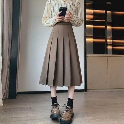 半身裙女复古卡其色春秋冬季新气质宽松高腰法式a字中长款百褶裙