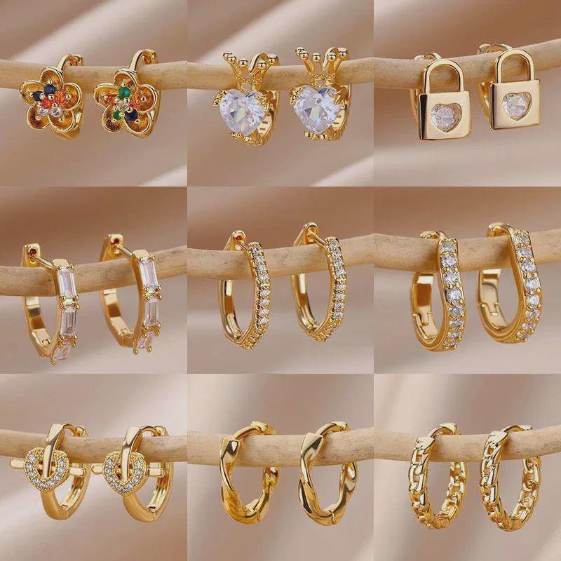 Zircon Polygon Earrings For Women Stainless Steel Hoop Earr