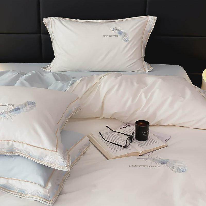 简约双股风100支轻奢澳棉全棉四件套羽毛刺绣纯棉被套1.8床上用品,床上用品,床品套件/四件套/多件套,淘宝优惠券,粉丝福利购,淘宝优惠卷