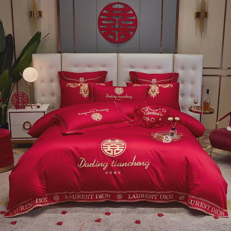 结婚喜庆床上婚庆四件套中式床单被套大红色婚房高档刺绣新婚床品