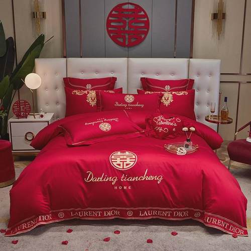 结婚喜庆床上婚庆四件套中式床单被套大红色婚房高档刺绣新婚床品