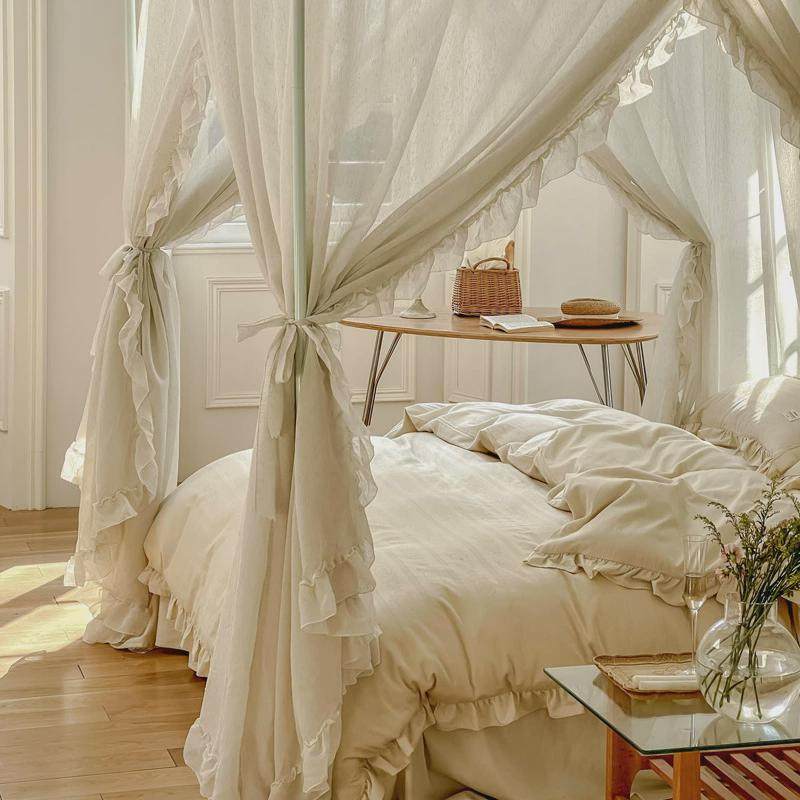 法式亚麻风蚊帐防尘1.8m床三开床帘家用轻奢幔门落地绑绳款