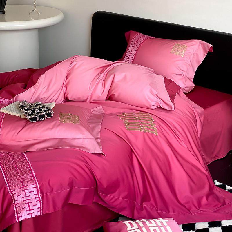 微醺渐变喜字结婚四件套160S长绒棉全棉纯棉红色被套婚庆婚嫁床品,床上用品,婚庆床品套件,淘宝优惠券,粉丝福利购,淘宝优惠卷