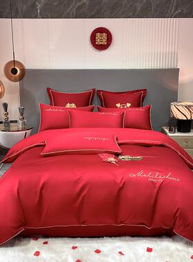 68n结婚床上四件套婚庆大红4件套水洗棉红色刺绣四件套绣花套件