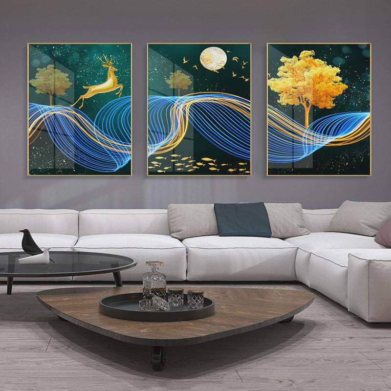 现代简约轻奢挂画沙发背景墙壁画三联客厅装饰画北欧风晶瓷水晶画