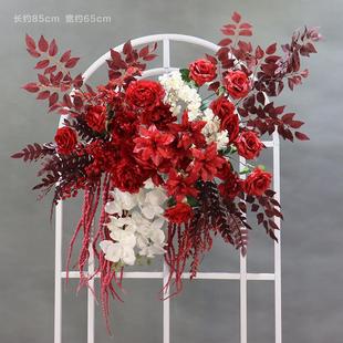 婚庆红色挂花盆花红色花艺婚礼香槟色花球装饰背景路引花布置花点