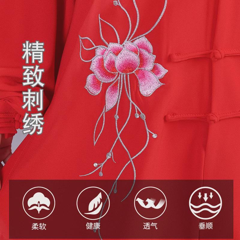 中长款棉绣花太极服女弹力练功服团体表演服套装新款武术服红色