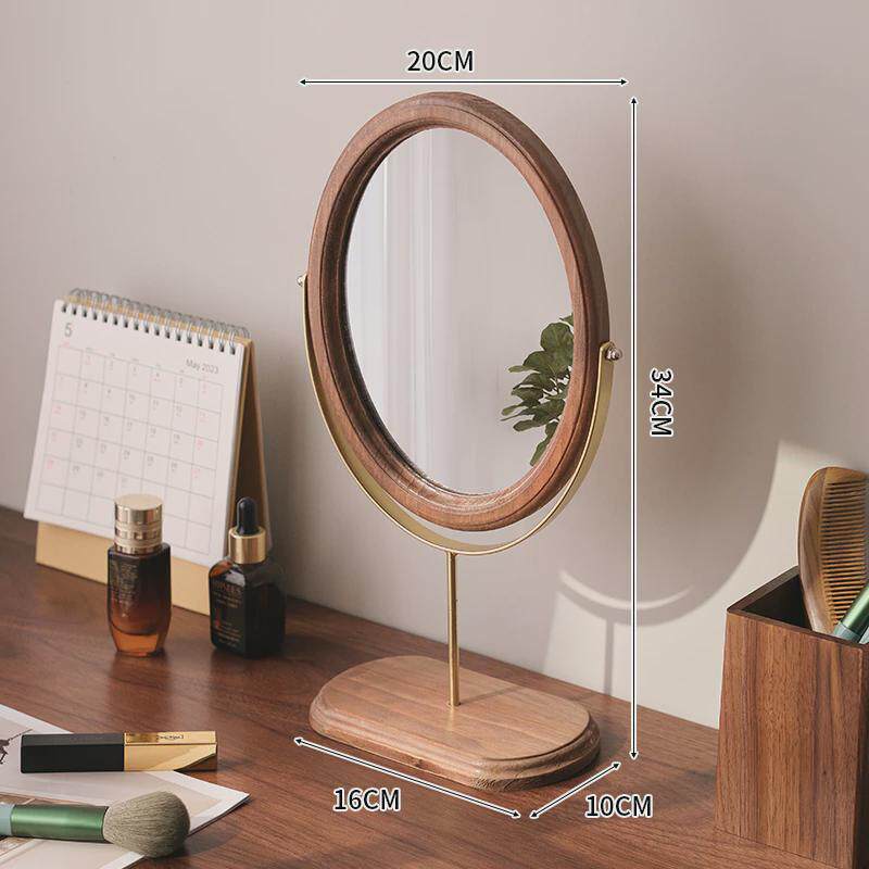 复古木质化妆镜家用桌面实木中式立式可旋转梳妆镜卧室台式镜子