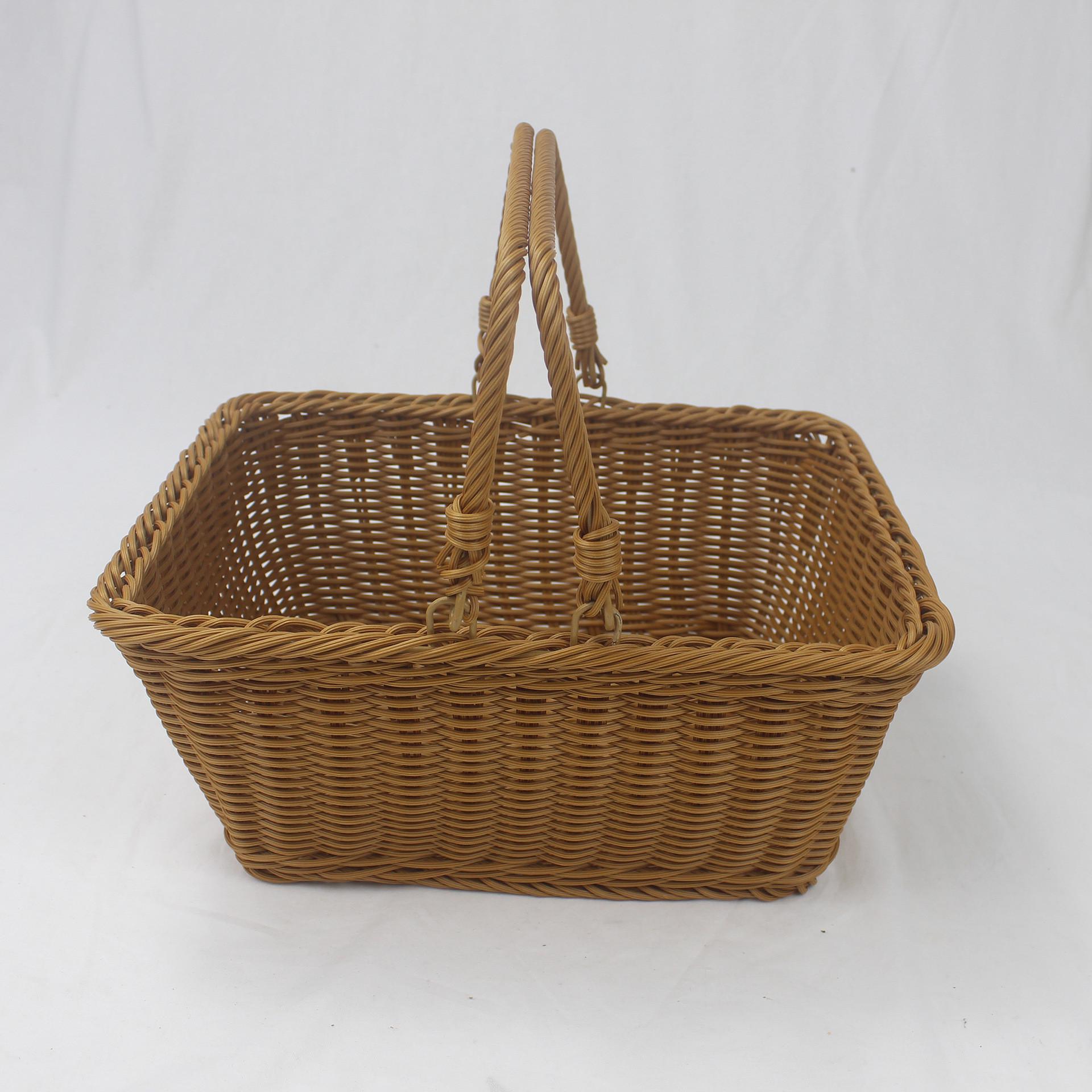 编织收纳篮蔬菜水果手提购物篮子家用烤漆铁架加固野餐藤编手提篮