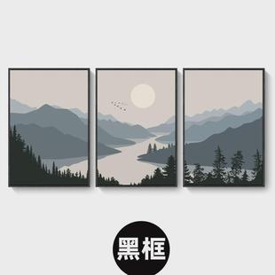 饰画客厅餐厅轻奢山水风景挂画公寓民宿背景墙壁画 现代简约三联装