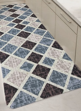 eq4f厨房地毯化纤吸水蓝色家用欧美灰色可机洗几何图案长方形垫子