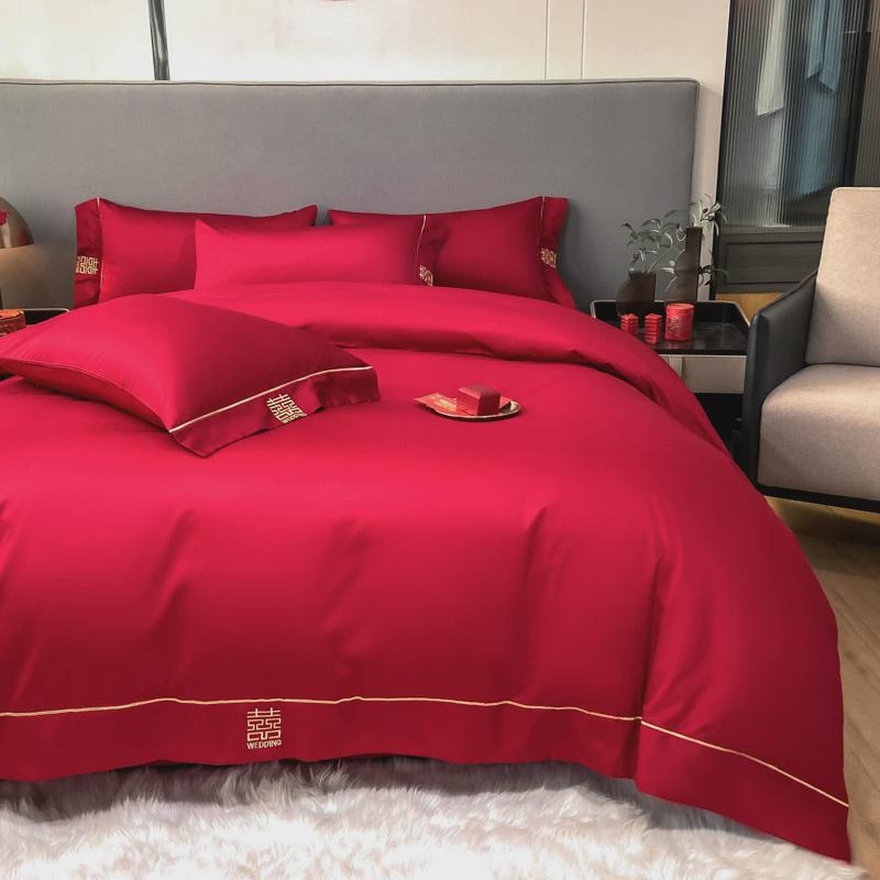 简约喜字刺绣婚庆四件套大红色结婚陪嫁被套床单新婚喜嫁床上用品