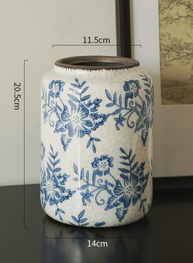 新中式高级感复古青花瓷陶瓷花瓶客厅仿古冰裂纹插花家居装饰摆件