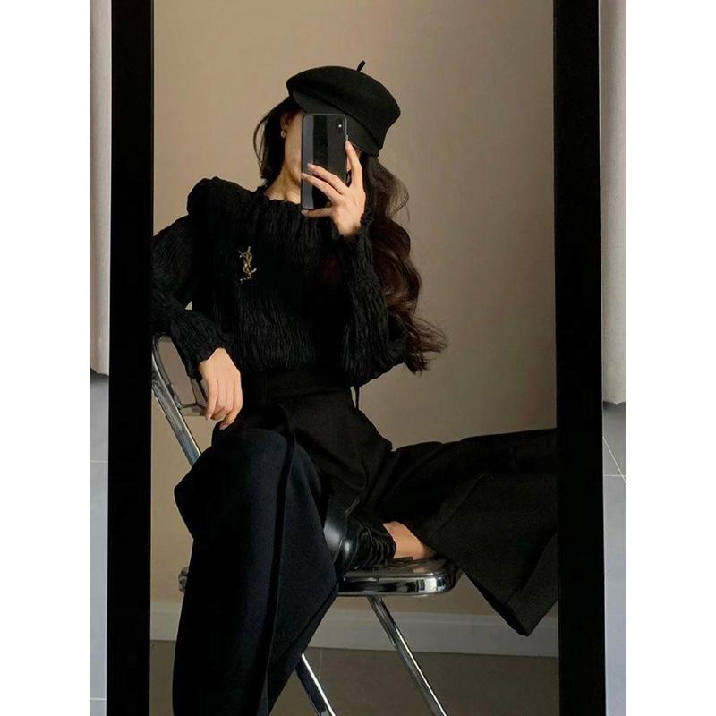 气质显褶长袖衬衫套装直筒宽松显瘦拖地阔腿裤女新款