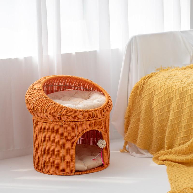 热销猫咪夏季清凉猫窝透气藤编房子幼猫窝四季通用双层半封闭式宠