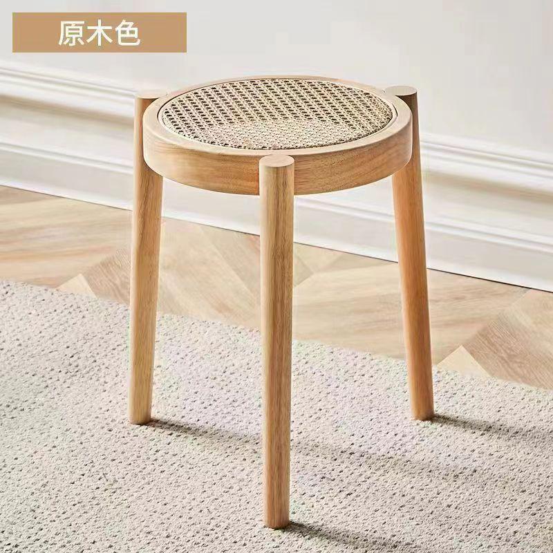 北欧实木藤编圆凳可叠放木凳子简约板凳复古凳子换鞋梳妆小圆凳