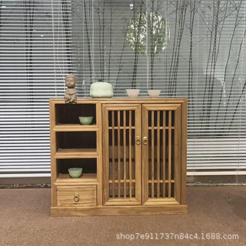 老榆木烧水柜免漆茶水柜实木茶叶柜矮柜泡茶柜禅意边柜黑胡桃家具