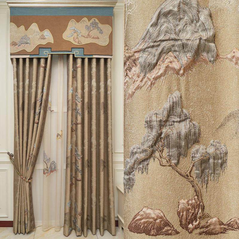 中式窗帘山水画高档客厅卧室高精密4D大浮雕提花窗帘加厚遮光成品