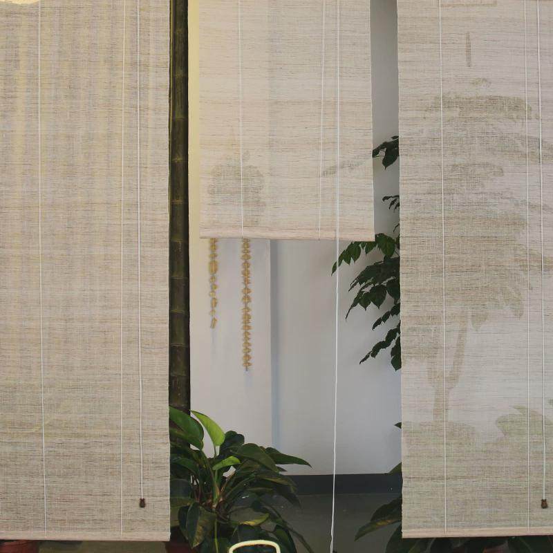 阳台窗帘免打孔阳光玻璃房遮光遮阳帘茶室日式竹帘卷帘苎麻隔断帘