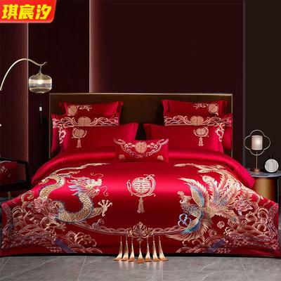 2024新款婚庆四件套重工艺刺绣棉被套婚房正红龙凤九件套床上用品