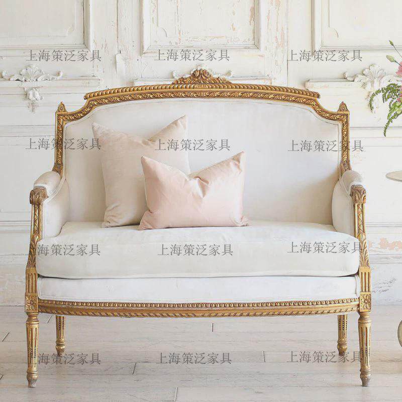 美式乡村实木雕花金色三人沙发法式复古布艺做旧影楼展厅休闲家具