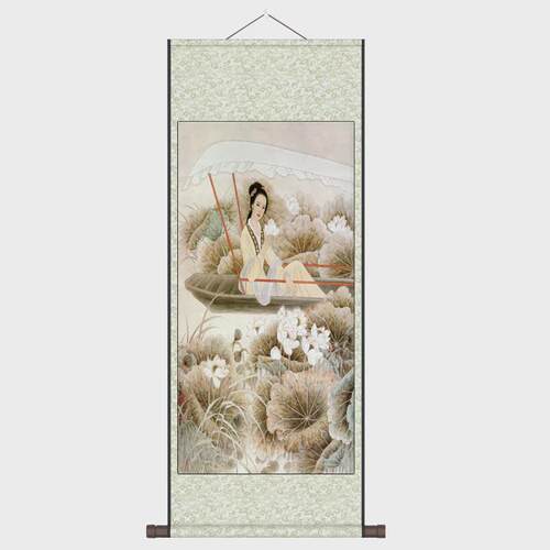 56n仿古办公室装饰定制丝绸壁画丝绸国画卷轴画仕女读书学院卷轴
