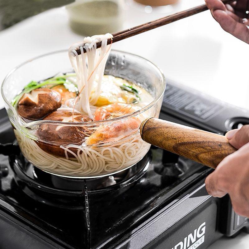 高硼硅玻璃奶锅 木质手柄透明泡面锅 家用小容量辅食锅热奶锅
