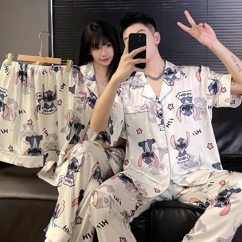 现货韩系情侣睡衣女春秋款冰丝三件套装高级感短袖史迪仔家居服男