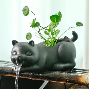 陶瓷动物喵星人沼泽鱼缸装饰出水口水培绿植花瓶流水摆件生态过滤