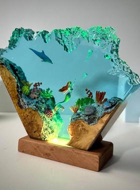 海豚和美人鱼树脂灯艺术装饰灯树脂木艺术灯个性化客厅装饰夜灯
