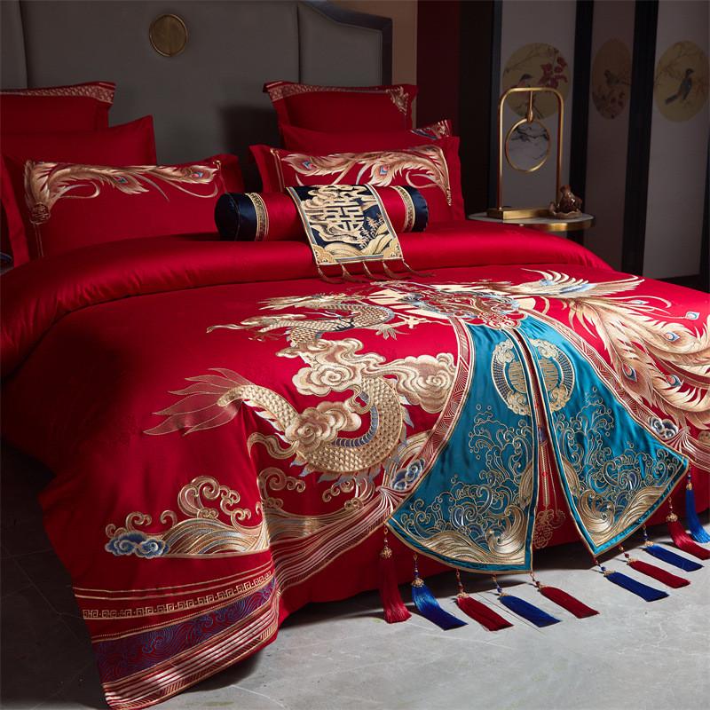 高端全棉刺绣婚庆四件套结婚大红色六件套陪嫁新房床上用品