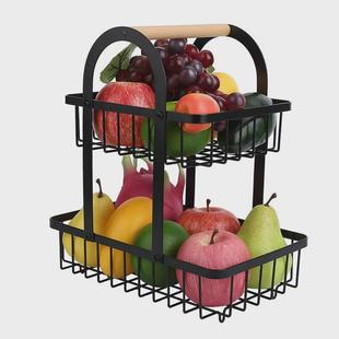 现货跨境电商木柄拆卸双层手提铁艺水果篮厨房收纳篮置物架爆款