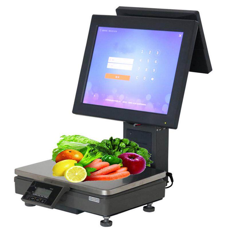 pc收银秤双屏方便一体机电脑水果肉菜店收银秤英文条码秤触摸好用